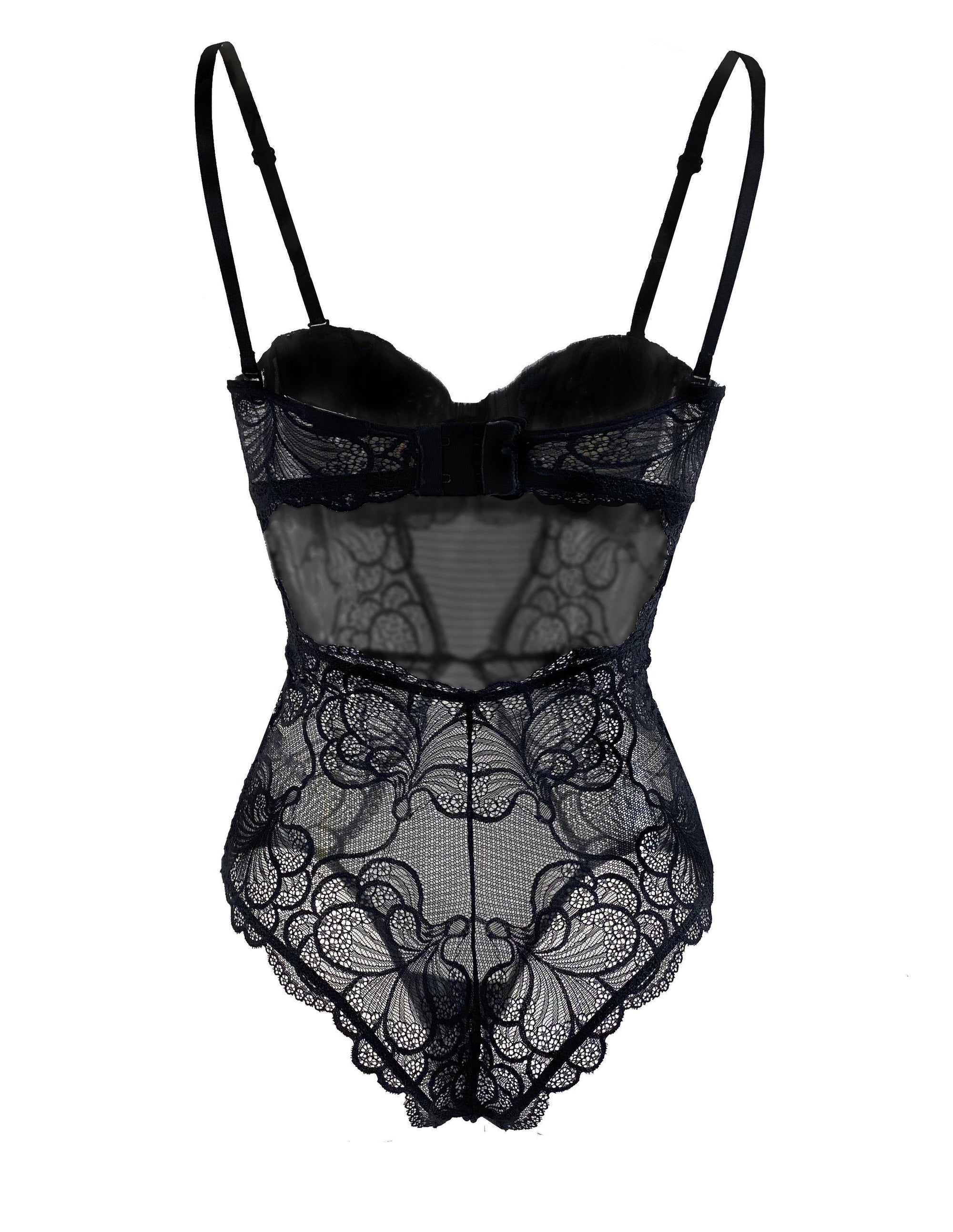 Black lace bodysuit with padded cups - Carol Coelho Intimates Petunia 